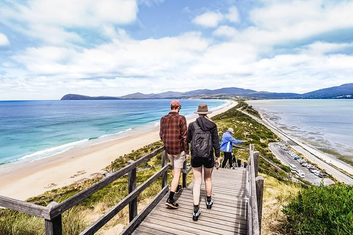 Des touristes marchant sur une promenade en bois vers une belle plage et la côte.